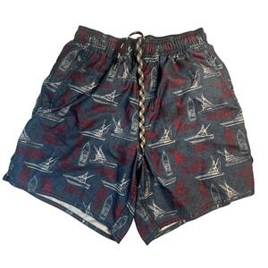 AFTCO Mens Blue Nautical Boat Print Swim Trunks Board Shorts Sz Small 6" Inseam
